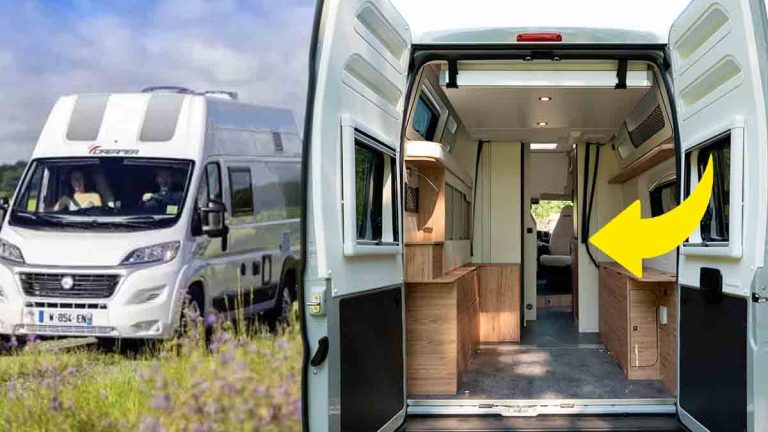 Intérieur et extérieur d'un fourgon H3 avec maxi garage, idéal pour familles et loisirs.