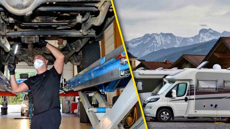 Inspection d’un camping-car lors du contrôle technique en atelier mécanique.