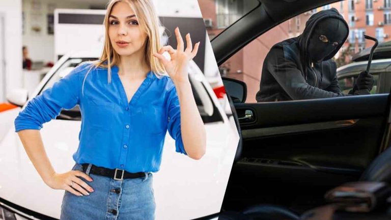 Une femme devant une voiture blanche et un voleur masqué tentant de forcer la portière d’un véhicule.