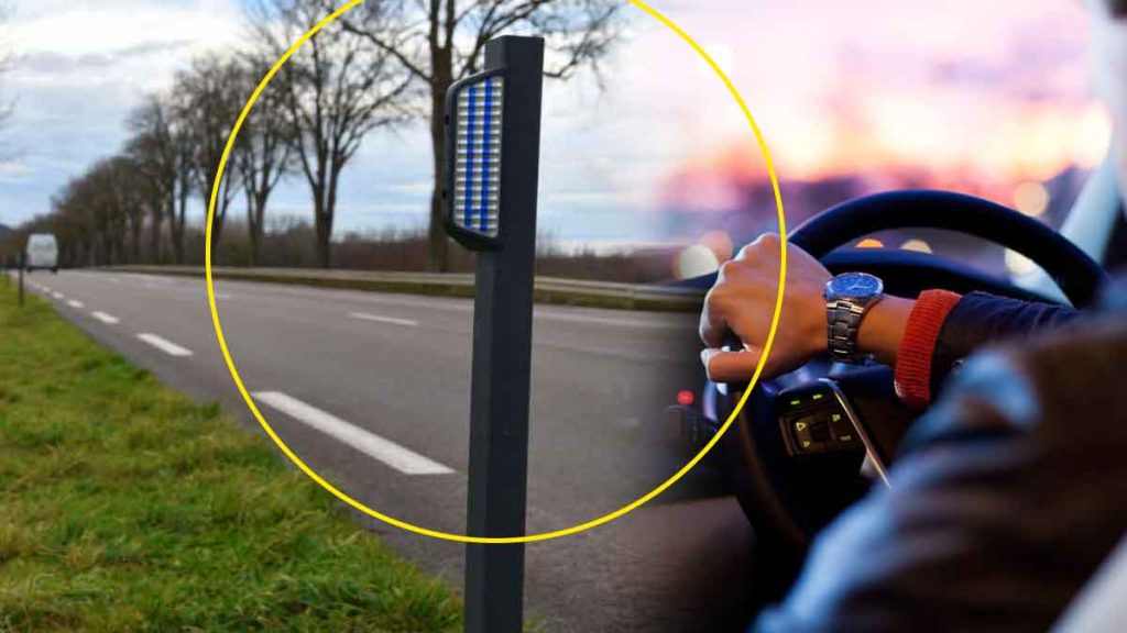 Nouveau panneau lumineux LED sur poteau en bord de route française, vu depuis un véhicule.