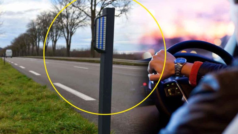 Nouveau panneau lumineux LED sur poteau en bord de route française, vu depuis un véhicule.