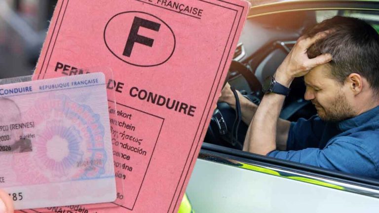 Permis de conduire français et conducteur stressé dans une voiture, illustrant la perte de points et les risques d’une fausse déclaration.
