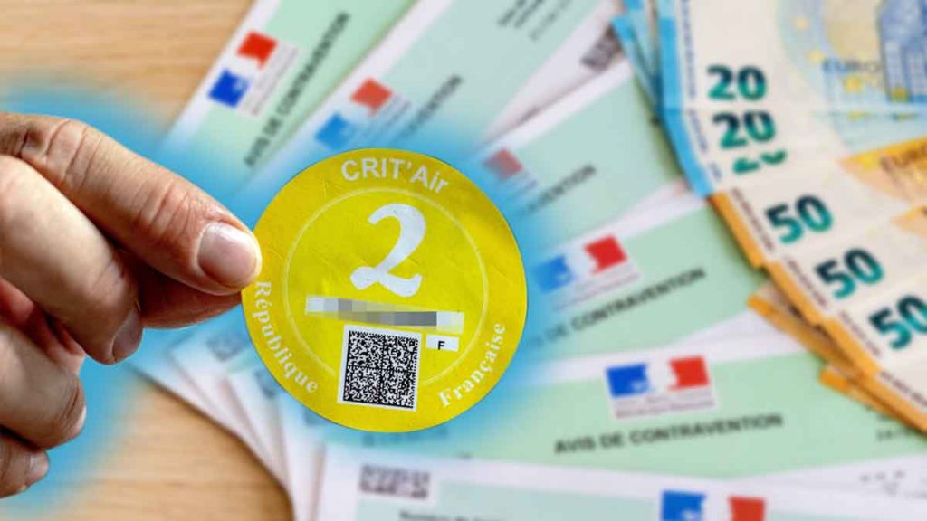 Vignette Crit’Air obligatoire avec contraventions et billets de banque – risque d’amende jusqu’à 450 €.