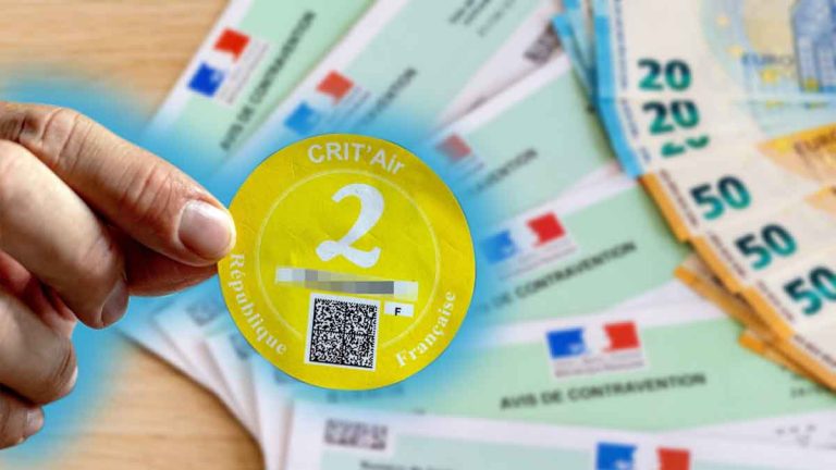 Vignette Crit’Air obligatoire avec contraventions et billets de banque – risque d’amende jusqu’à 450 €.