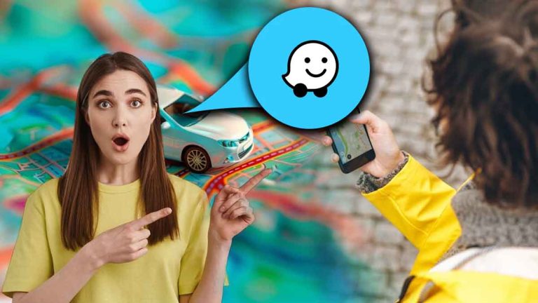 Logo de Waze avec un fond de carte et une voiture.