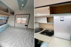 L'intérieur de la Fantaisy Trail comprend une chambre confortable avec des espaces de rangement ainsi qu’une cuisine à l’arrière avec un réchaud à deux feux, un évier 