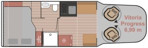 Agencement intérieur du Notin Vitoria Progress : lit transversal, cuisine, salle de bain et salon dans un camping-car compact