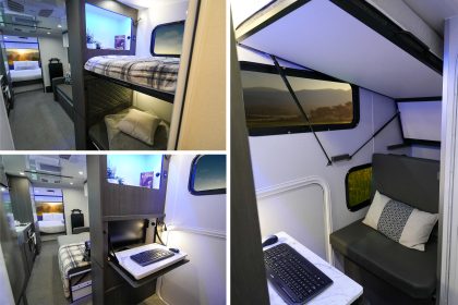 Intérieur luxueux de la caravane Aucta Sycamore d’inTech, avec lit queen-size, rangements intégrés et finition haut de gamme, pensé pour le confort des familles et des télétravailleurs en vadrouille
