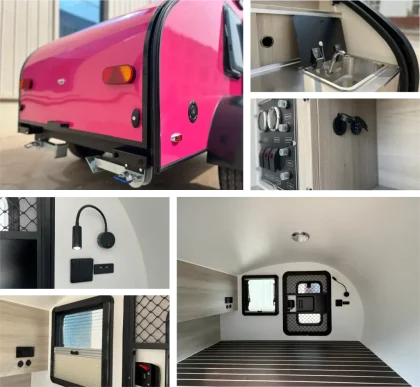 Vue en détail de la mini caravane Virgule CC avec intérieur moderne et équipements intégrés : coin cuisine avec évier inox, commandes électriques, liseuses LED et espace de couchage compact.